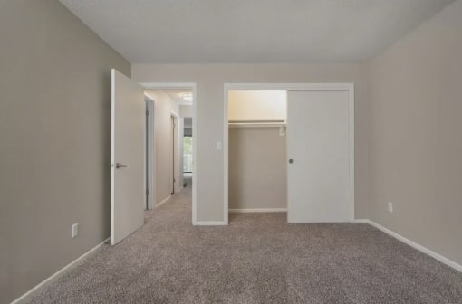 an empty living room with a carpeted floor and a closet