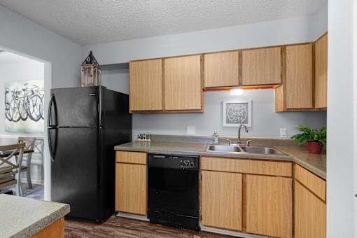 Well-Appointed Kitchen with Black Refrigerator at Lakeland East Apartments – Flowood, MS