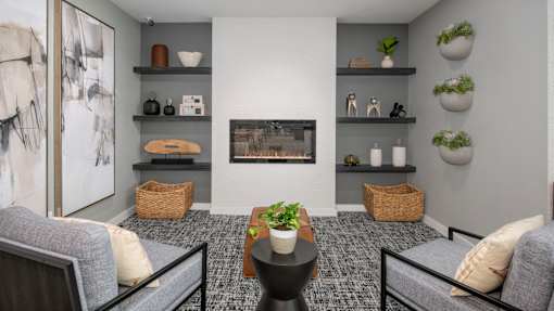 Community lounge with fireplace at Atlas North Swartz Creek MI