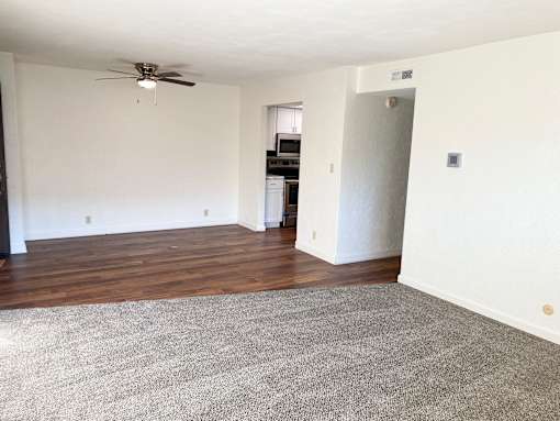 A room with a ceiling fan and a carpeted floor.