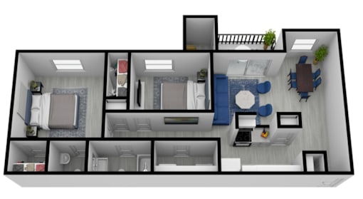 A 3D floor plan of a house with multiple rooms.
