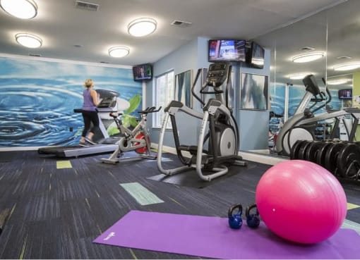 a gym with exercise equipment and a pink ball on the floor