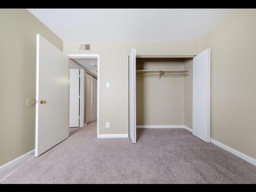 a bedroom with a carpeted floor and a closet with an open door