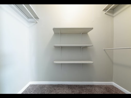 a walk in closet with white walls and white shelves