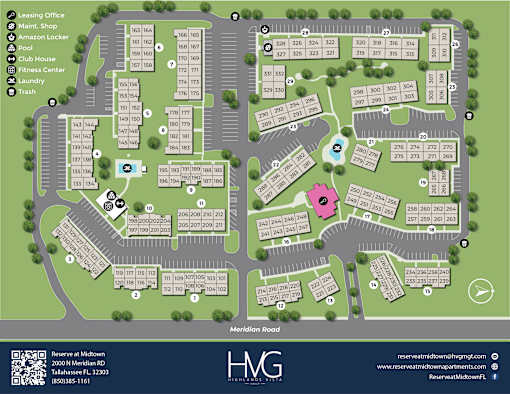 A map of a resort with a Meridian Road running through it.