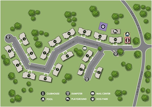 A map shows a layout of a residential area with a clubhouse, pool, and dog park.