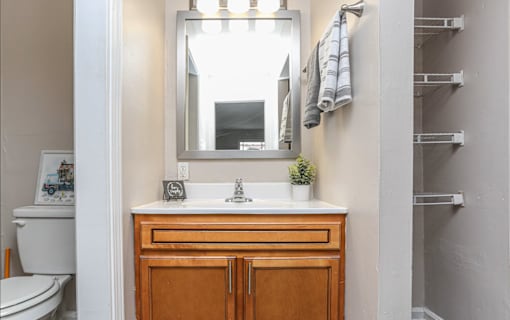 A bathroom with a white sink and a mirror above it.