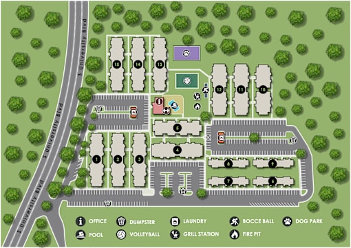 A map of a park with a pool, volleyball court, and grill station.