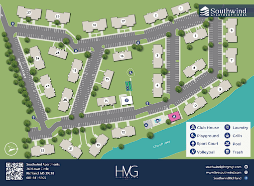 A map of Southwind Apartments showing the layout of the buildings and amenities.