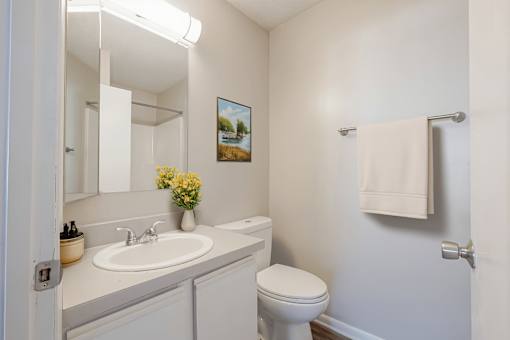 A white bathroom with a toilet, sink, and a mirror.
