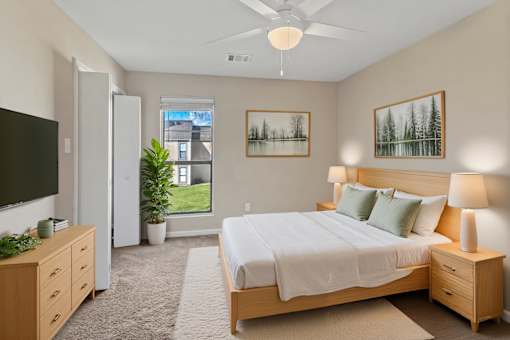 A bedroom with a large bed, a television, and a potted plant.