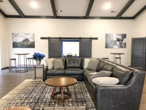 a living room with a leather couch and a rug