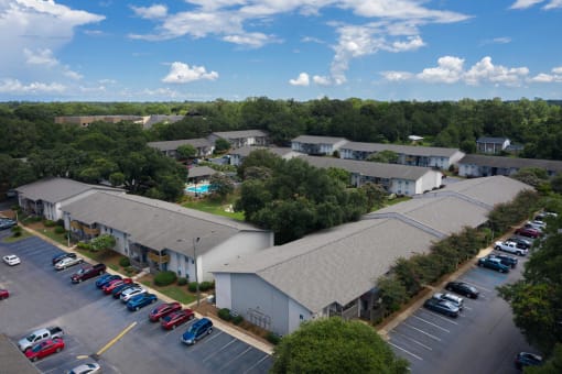 arial view of our building with our pool in the foreground