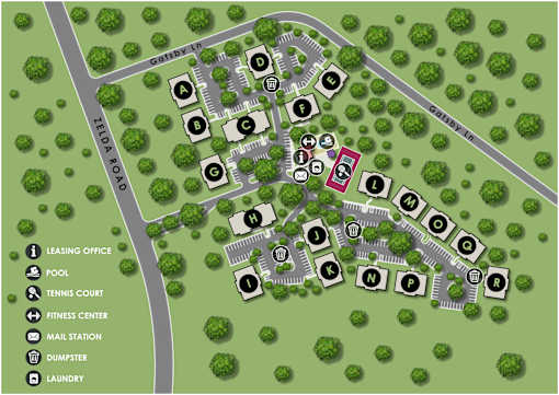 A map of a residential area with a pool and fitness center.