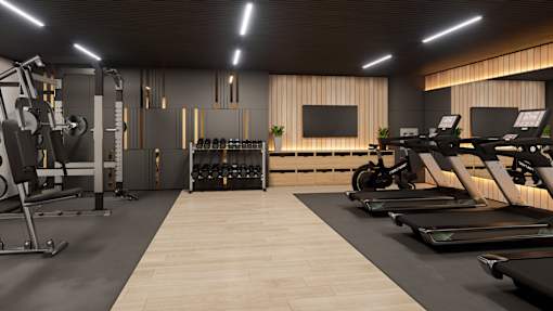 A modern gym with treadmills, weights, and a flat screen TV.