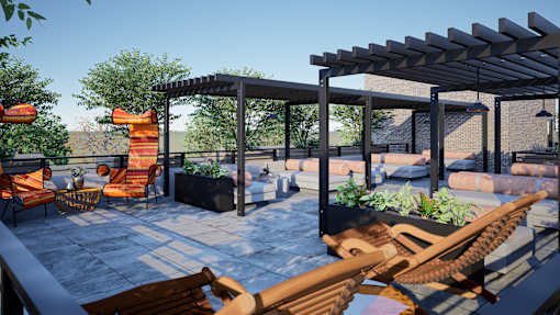 A patio with a pergola and chairs.