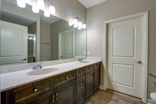 a bathroom with a large mirror and two sinks