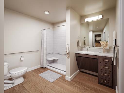 A bathroom with a toilet, sink, and shower. at Bretton Woods II Apartments, Columbus, OH, 43231