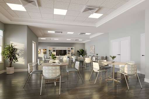 A modern dining room with a large table and chairs. at Divinity Landing Apartments, Macedonia, OH, 44056