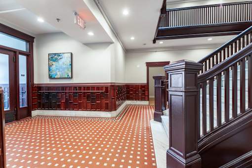 A red and white checkered floor in a building.