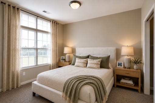 A bedroom with a large bed and a window with curtains.