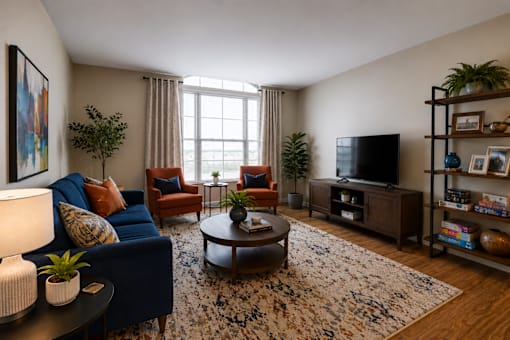 A living room with a blue couch, a coffee table, and a television.