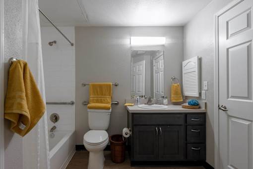A bathroom with a toilet, sink, and mirror at Sunday Village, TX