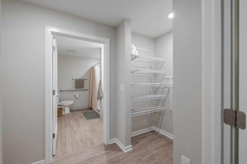 A white bathroom with a walk in closet.