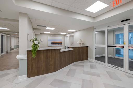 A reception area with a wooden counter and a green plant.