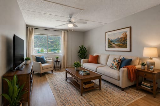 A living room with a couch, chair, and television.