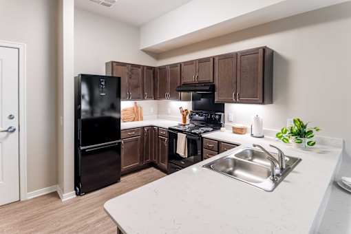 A kitchen with a black fridge, black stove, and brown cabinets.