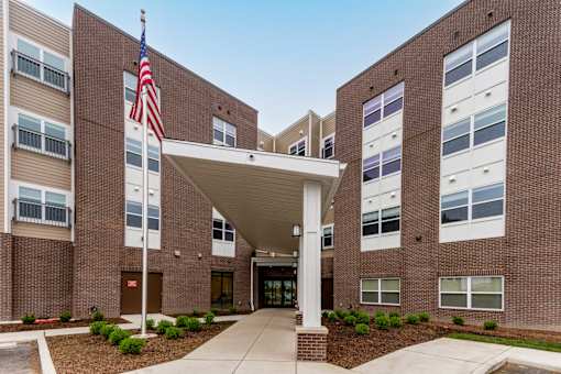 A building with a flag on top of it.