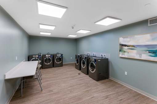 A laundry room with a row of washing machines and a painting on the wall.