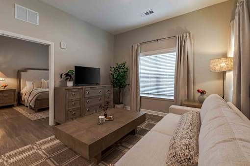 A living room with a couch, a coffee table, and a television.