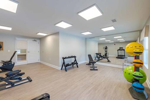 A spacious gym with a variety of equipment including treadmills, weights, and exercise balls.