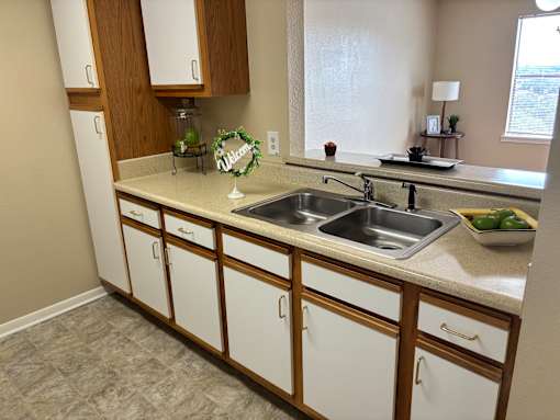 A kitchen with a sink and a window.