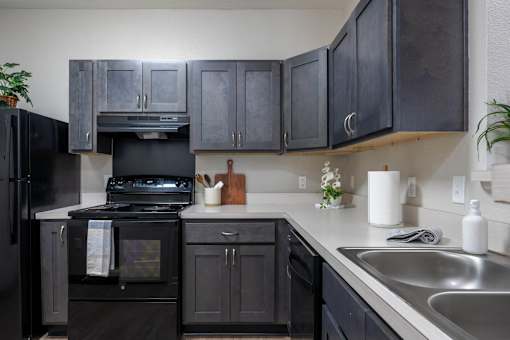 A kitchen with black cabinets and appliances at Sunday Village
