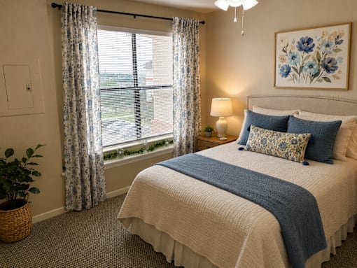 A bedroom with a large bed and a window with curtains.