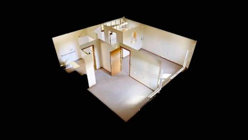 A top down view of a house with a kitchen, living room and two bedrooms.