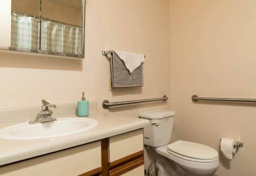 A bathroom with a white toilet, sink, and a towel rack.