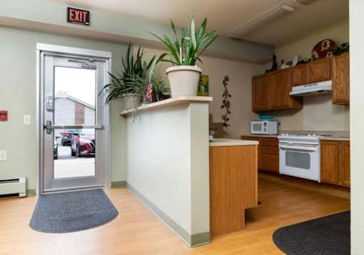 A kitchen with a white counter and a plant on it.