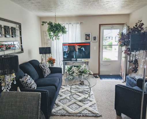 A living room with a couch, a coffee table, and a television.