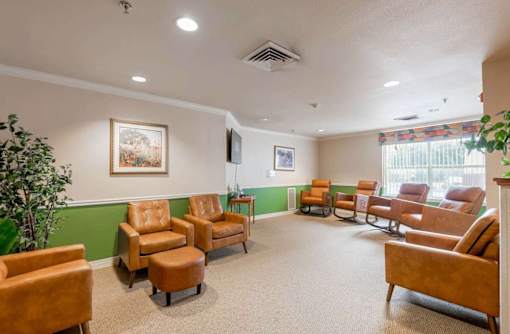 A waiting room with brown leather chairs and a green wall.