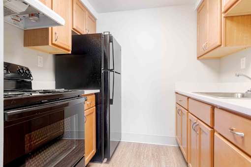 A kitchen with a black refrigerator and wooden cabinets.