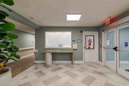 A hallway with a bench, a plant, and a door with a glass panel.