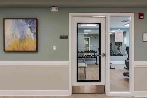 A gym room with a mirrored door and a painting on the wall.