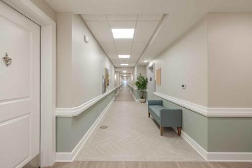 A long hallway with a bench and a plant.