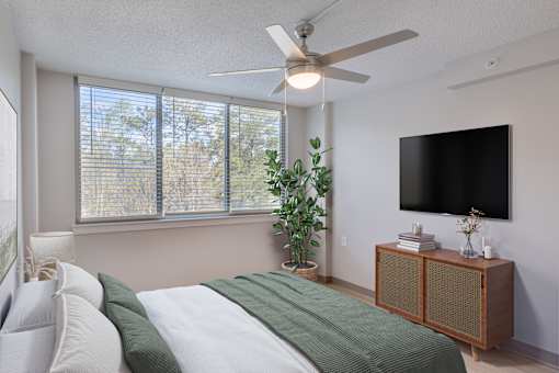 A bedroom with a bed, a ceiling fan, a window with blinds, a plant, a TV, and a wooden cabinet.