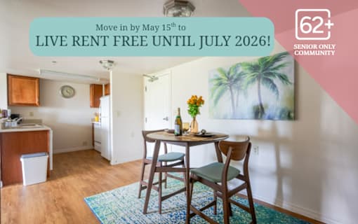 A room with a dining table and chairs is advertised as a senior community with a live rent free offer.