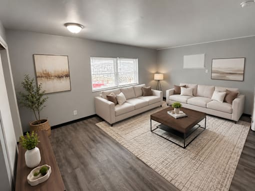 A living room with a white couch, a coffee table, and a plant.